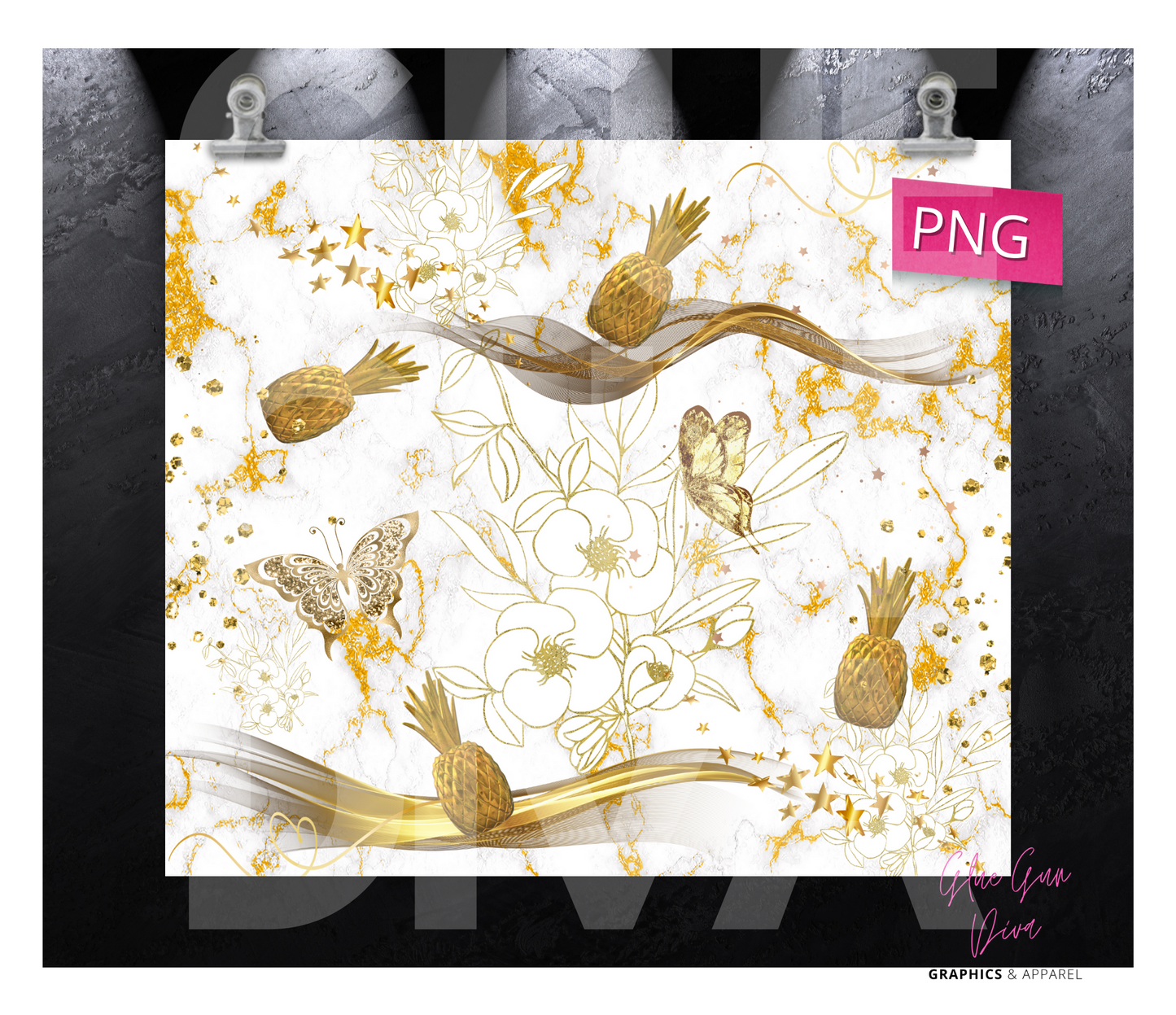 Gold pineapples and Flowers - Digital tumbler wrap for 20 oz skinny straight tumbler