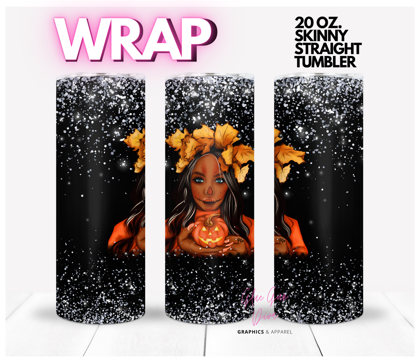 Pumpkin Girl Skin Tone 2 - Digital tumbler wrap for 20 oz skinny straight tumbler