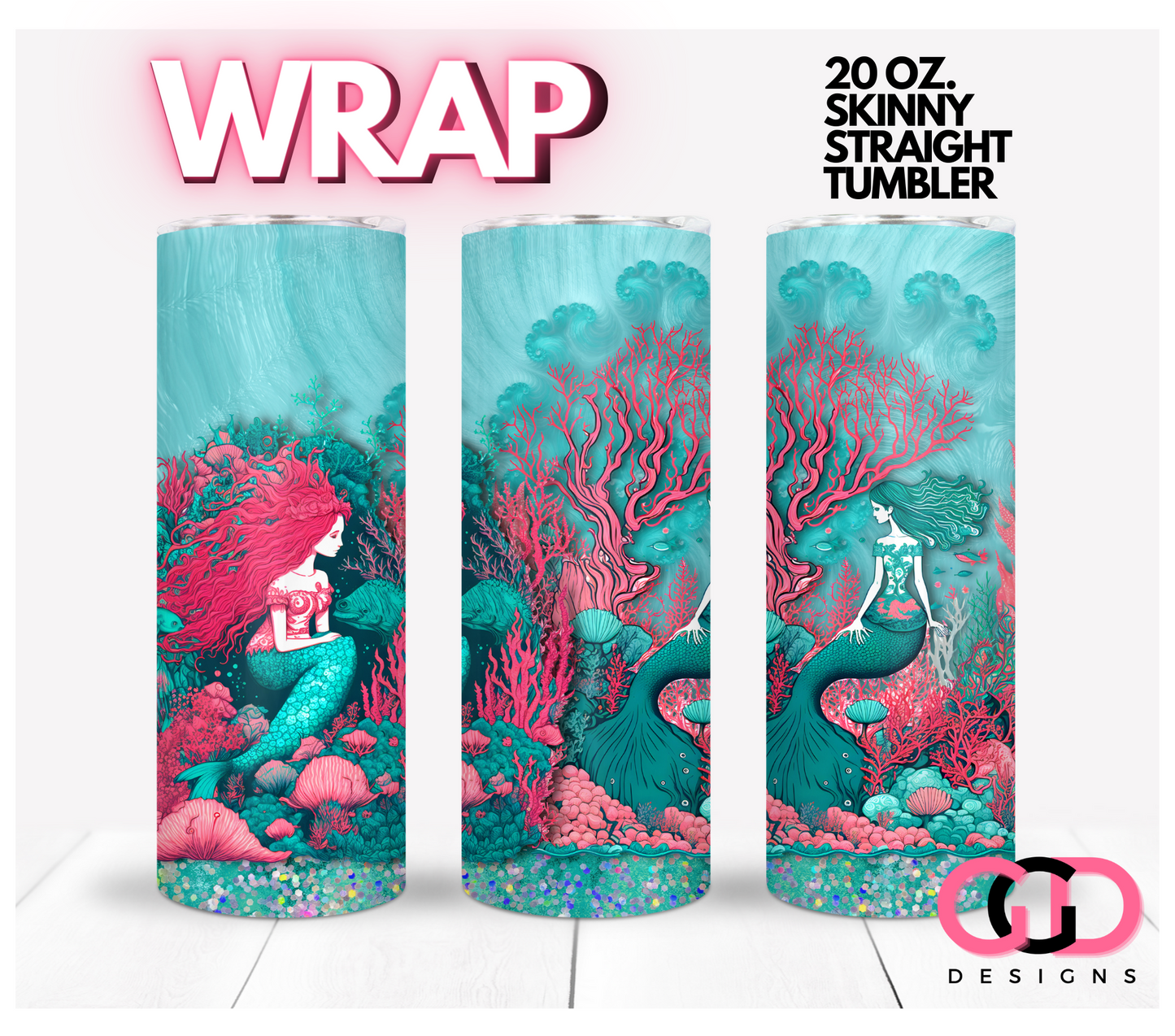 The Two Mermaids- Digital tumbler wrap for 20 oz skinny straight tumbler