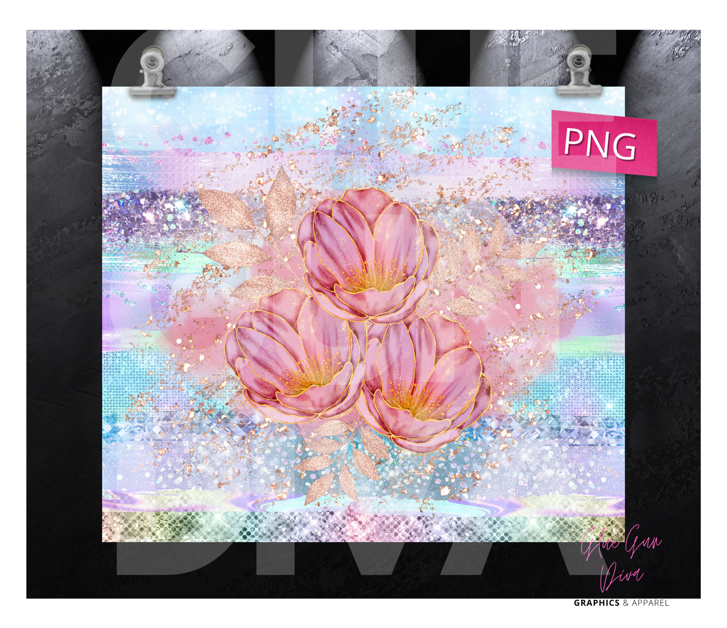 Three Pink Flowers - Digital tumbler wrap for 20 oz skinny straight tumbler