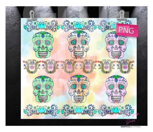 Colorful Sugar Skulls- Digital tumbler wrap for 20 oz skinny straight tumbler