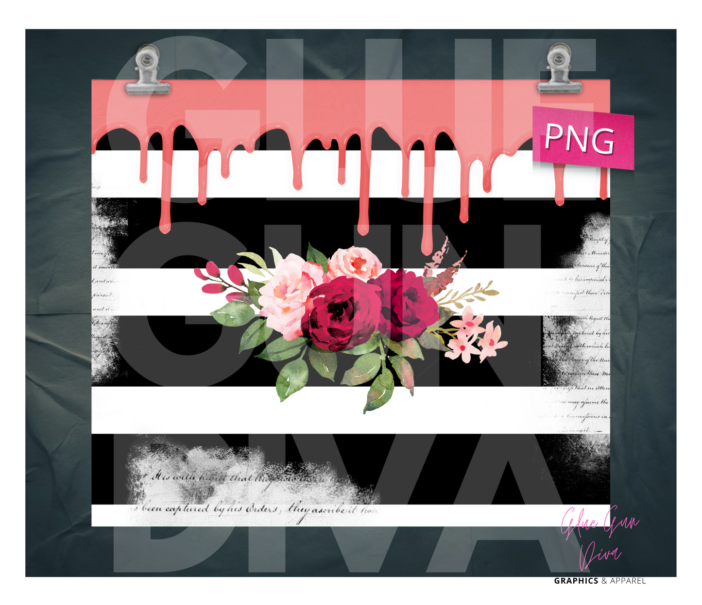 Roses and Black and White Stripes - Digital tumbler wrap for 20 oz skinny straight tumbler