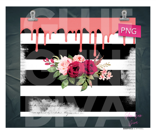 Roses and Black and White Stripes - Digital tumbler wrap for 20 oz skinny straight tumbler