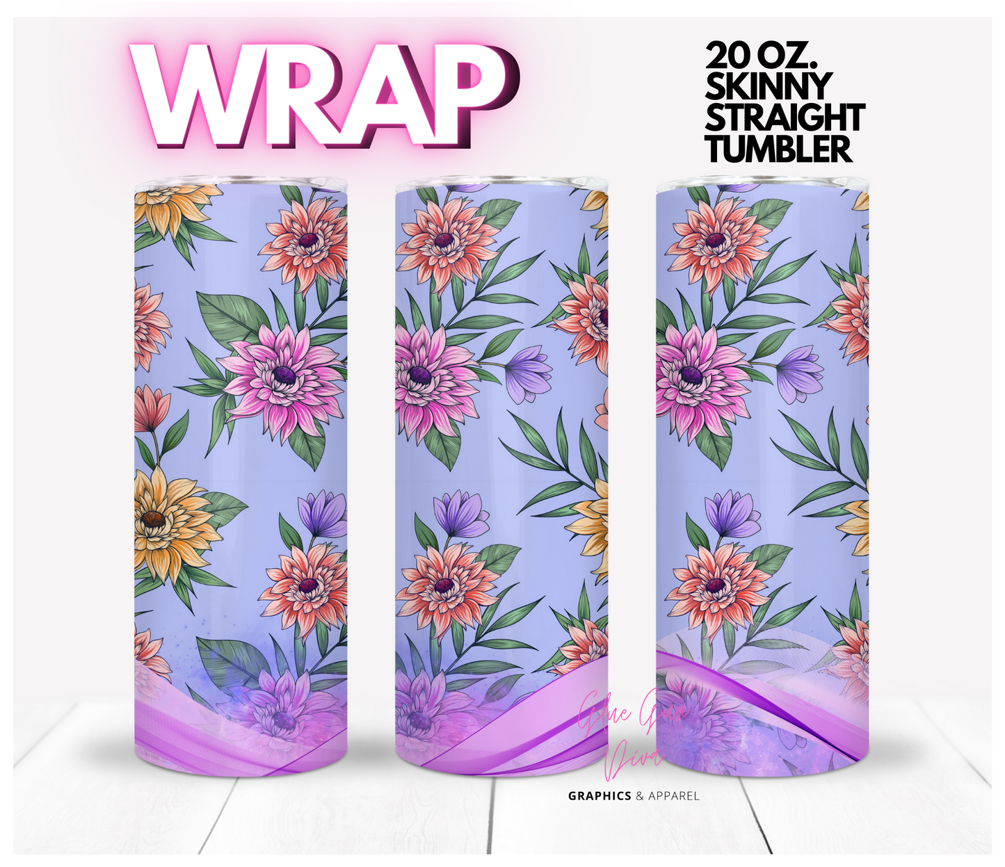 Purple Ribbon flowers- Digital tumbler wrap for 20 oz skinny straight tumbler