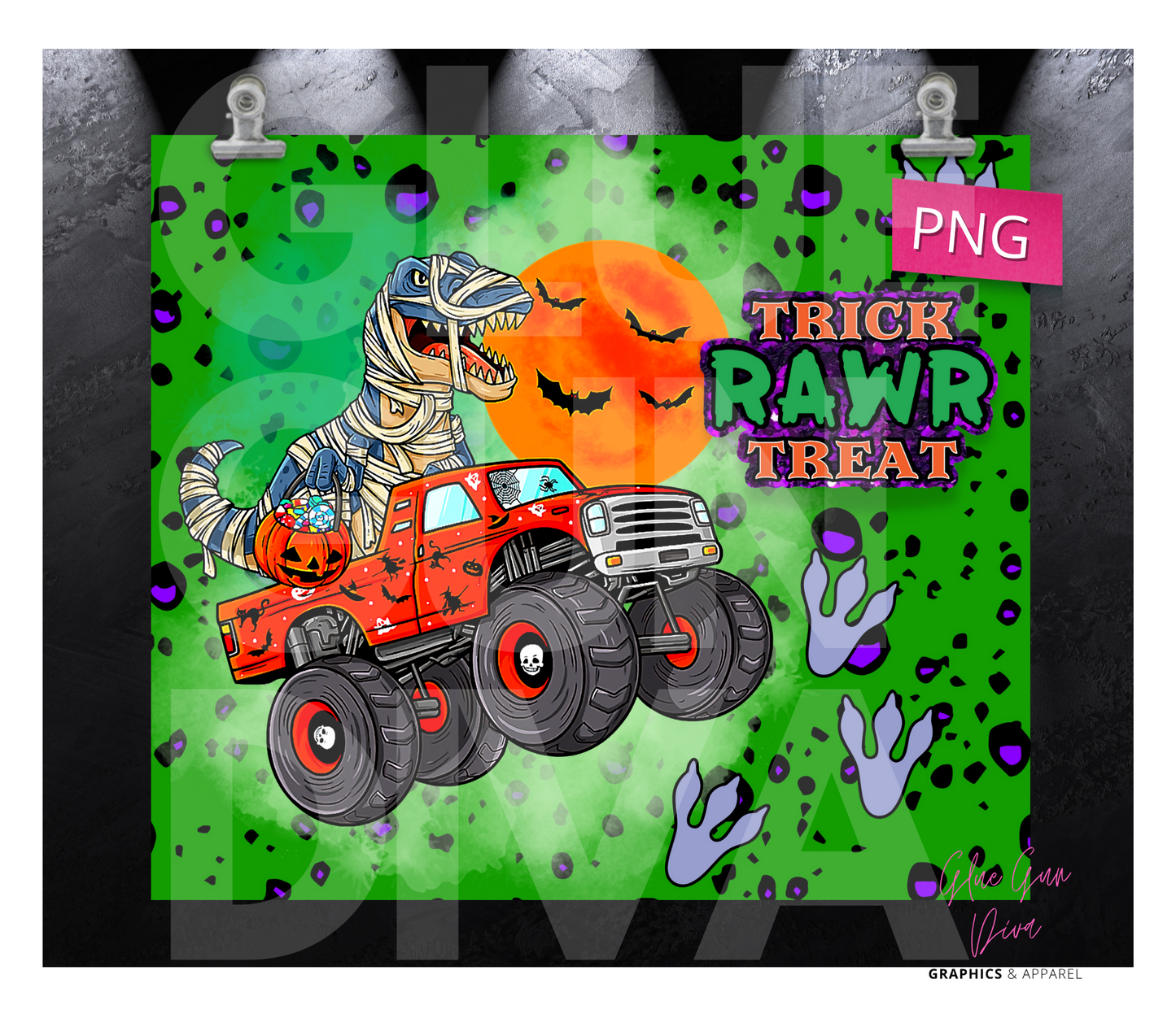 Trick Rawr Treat Dinosaur - Digital tumbler wrap for 20 oz skinny straight tumbler