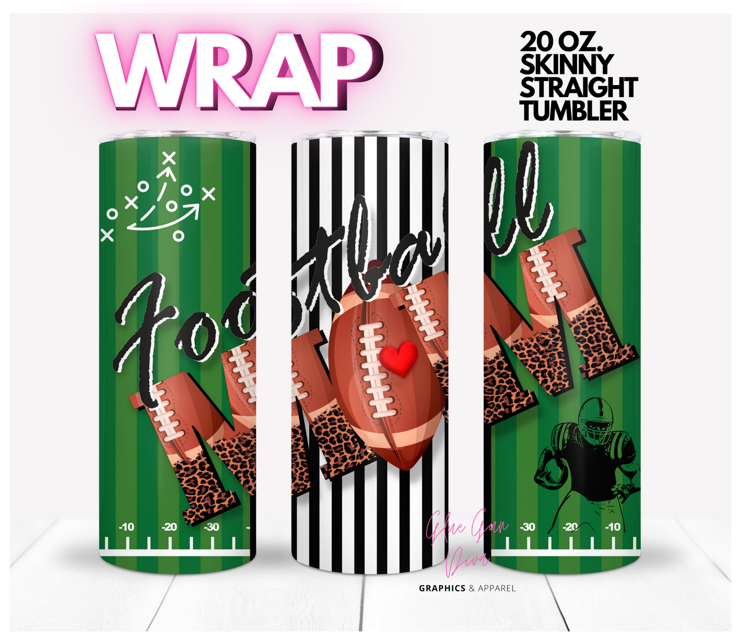 Football Mom Green and Stripes - Digital tumbler wrap for 20 oz skinny straight tumbler