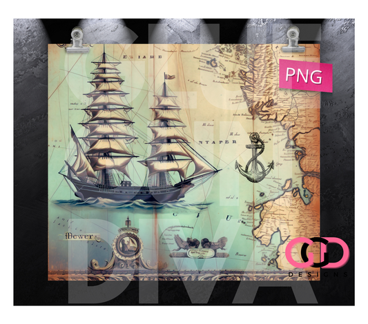 Vintage Sail Map- Digital tumbler wrap for 20 oz skinny straight tumbler