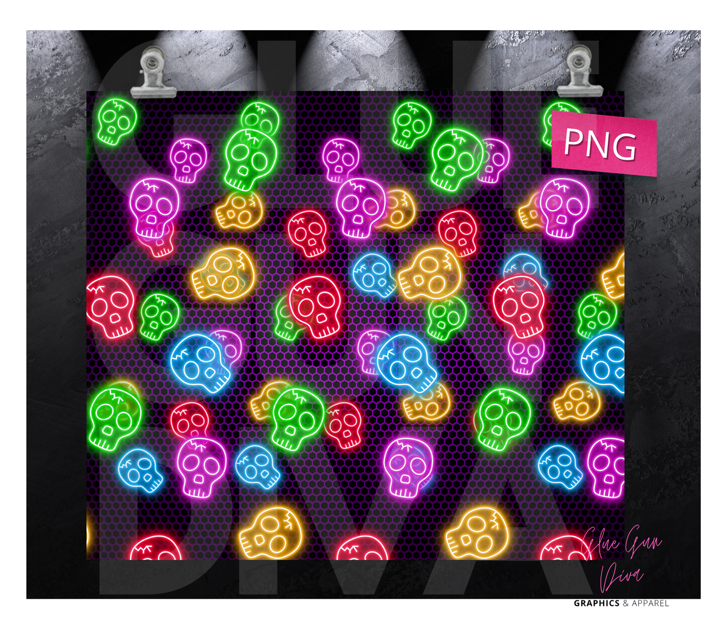 Neon Skulls - Digital tumbler wrap for 20 oz skinny straight tumbler