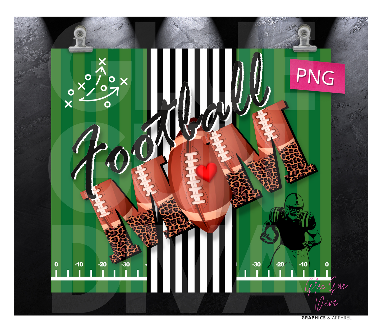 Football Mom Green and Stripes - Digital tumbler wrap for 20 oz skinny straight tumbler