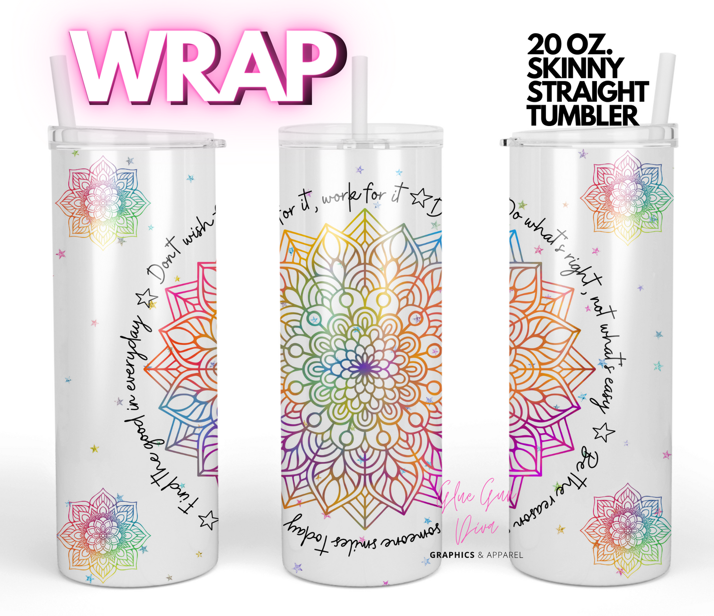 Rainbow Mandala- Digital tumbler wrap for 20 oz skinny straight tumbler