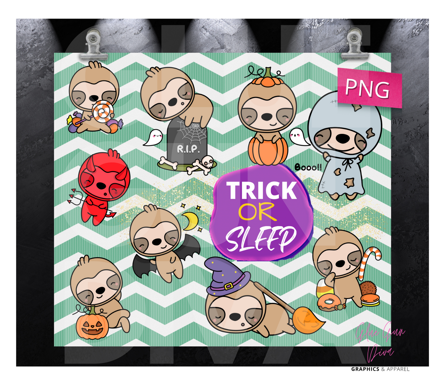 Trick or Sleep Sloth - Digital tumbler wrap for 20 oz skinny straight tumbler