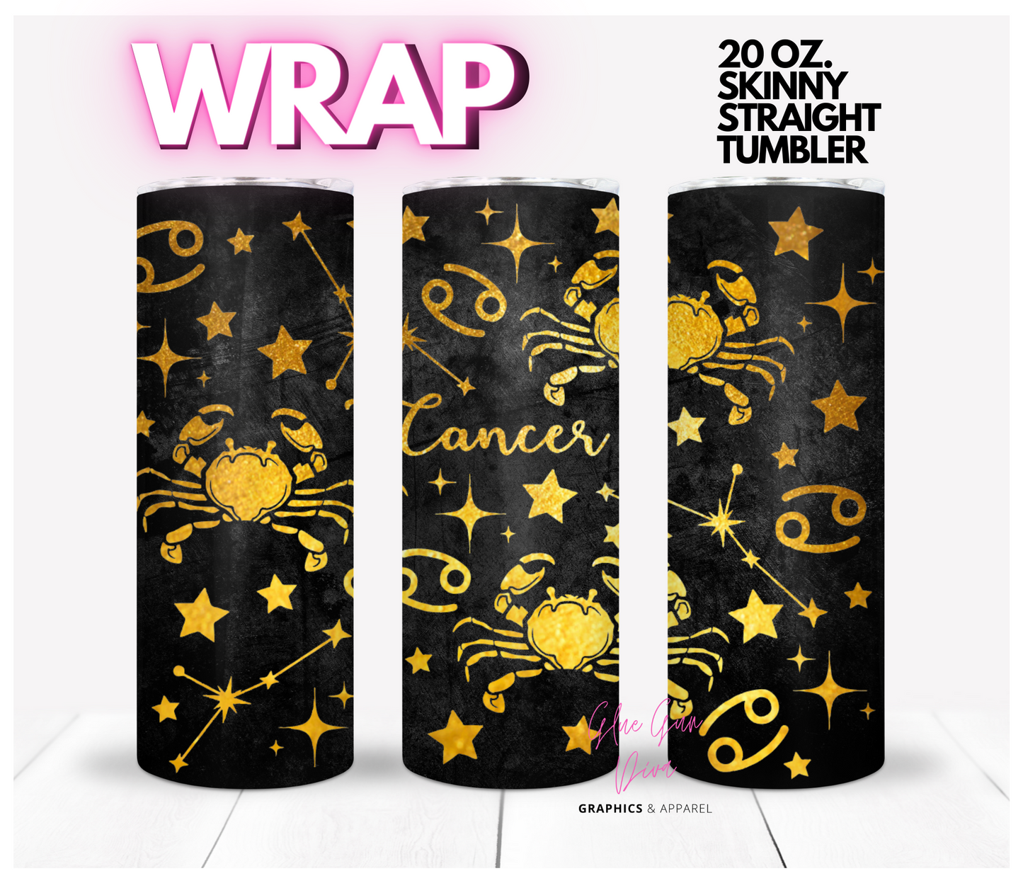 Cancer Zodiac Sign Gold and Black- Digital tumbler wrap for 20 oz skinny straight tumbler