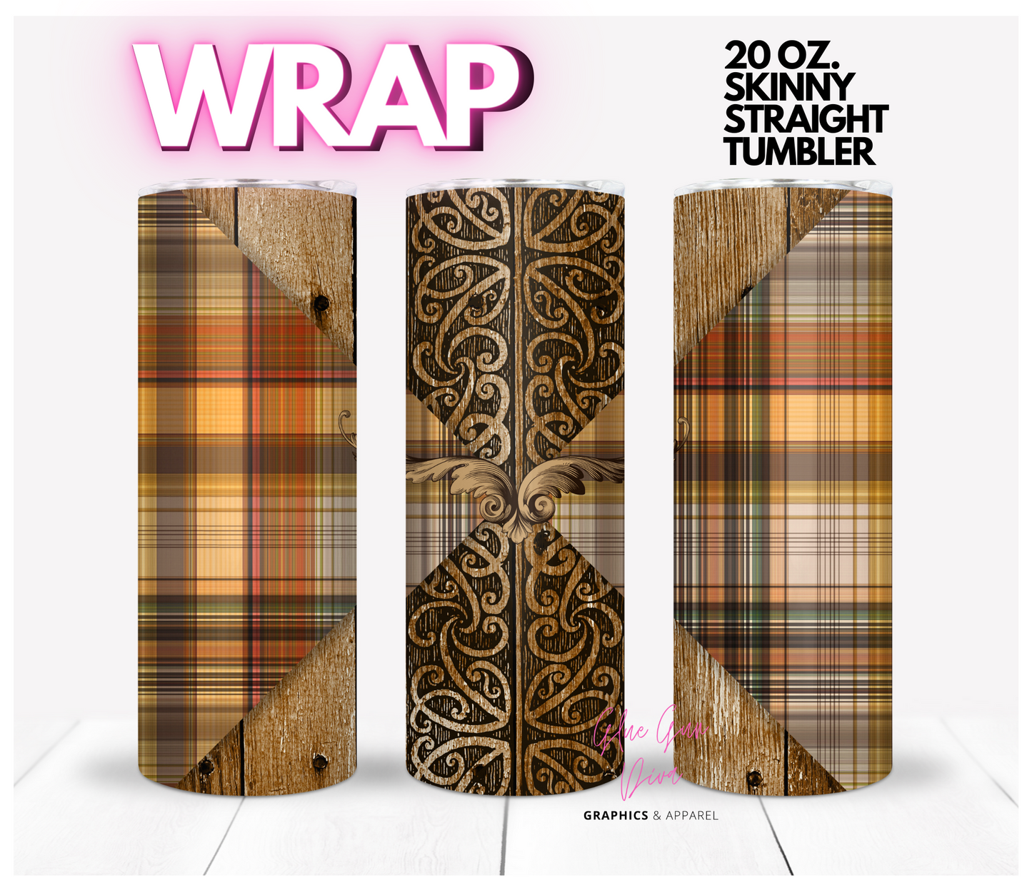 Wood Design and Fall Plaid - Digital tumbler wrap for 20 oz skinny straight tumbler
