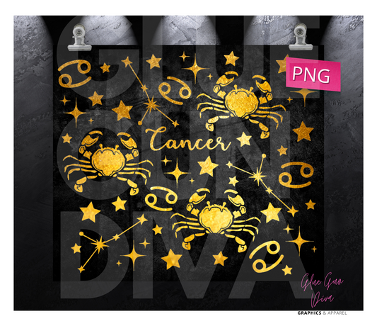 Cancer Zodiac Sign Gold and Black- Digital tumbler wrap for 20 oz skinny straight tumbler