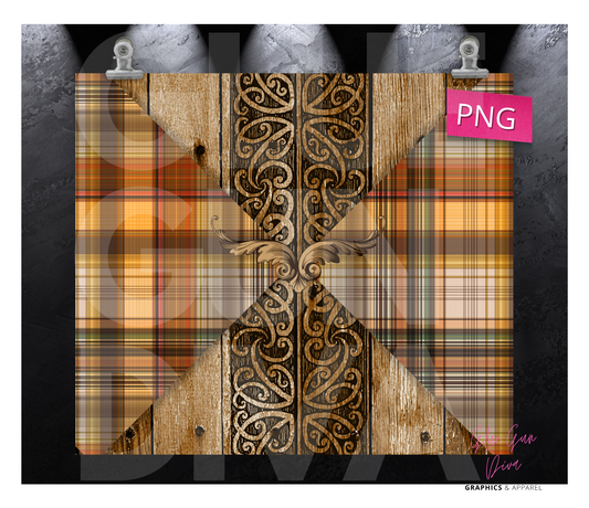 Wood Design and Fall Plaid - Digital tumbler wrap for 20 oz skinny straight tumbler