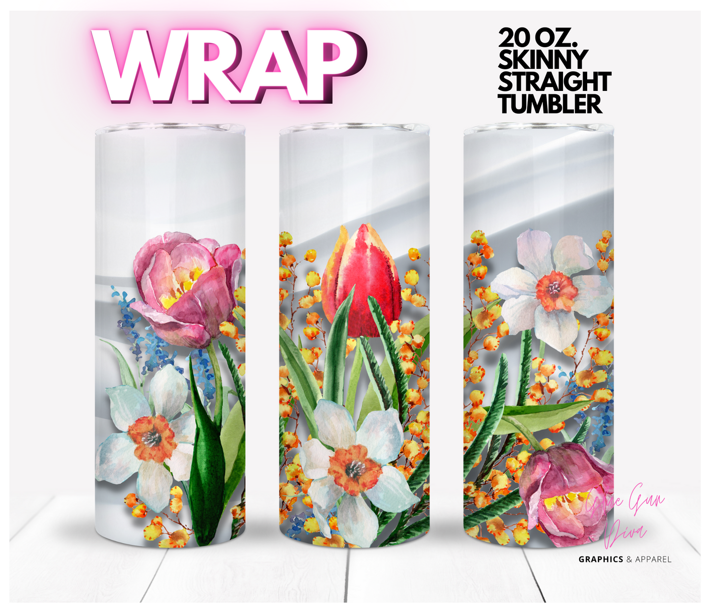 Flowers against white silk - Digital tumbler wrap for 20 oz skinny straight tumbler