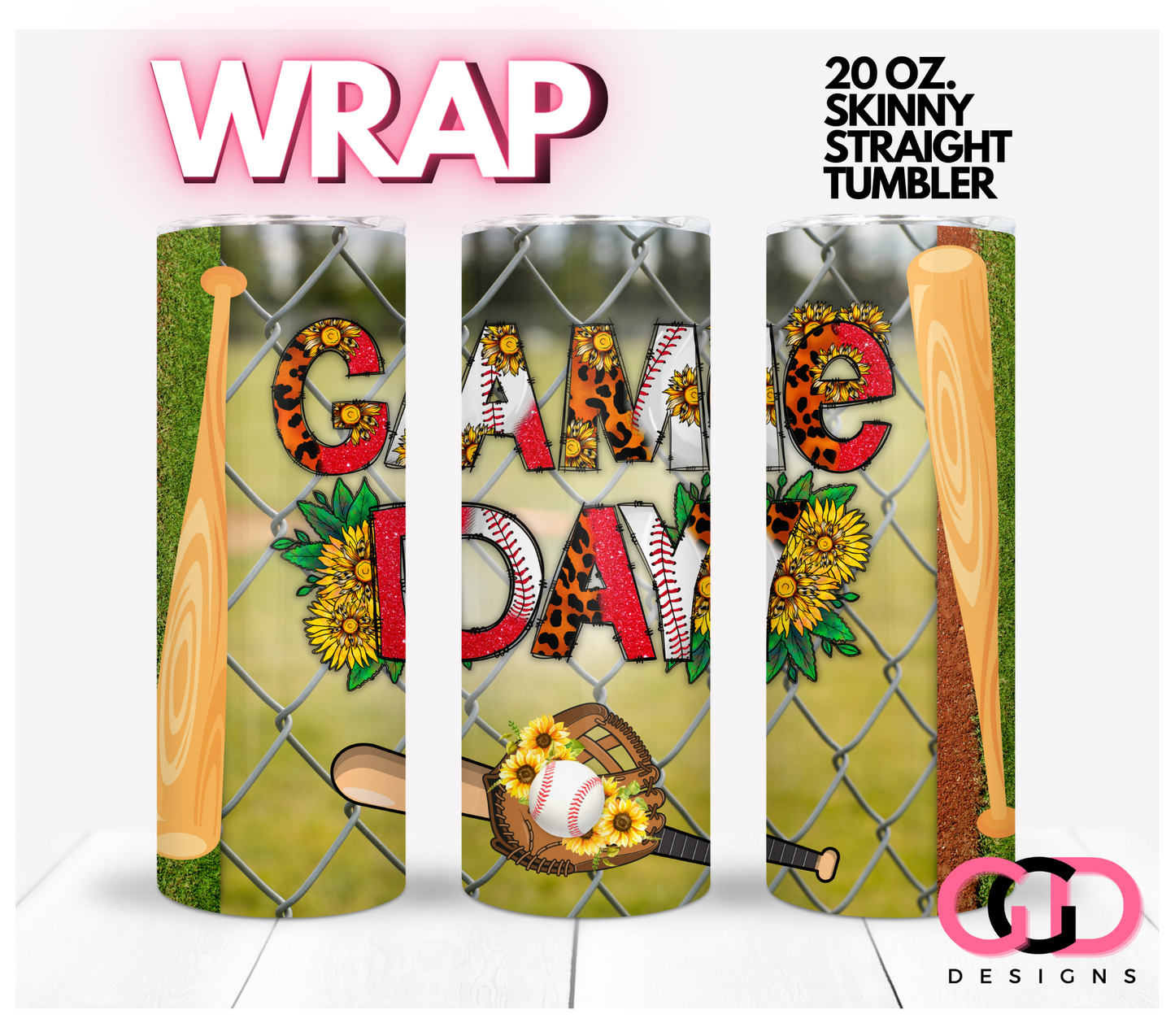 Game Day Sunflowers and Bats- Digital tumbler wrap for 20 oz skinny straight tumbler