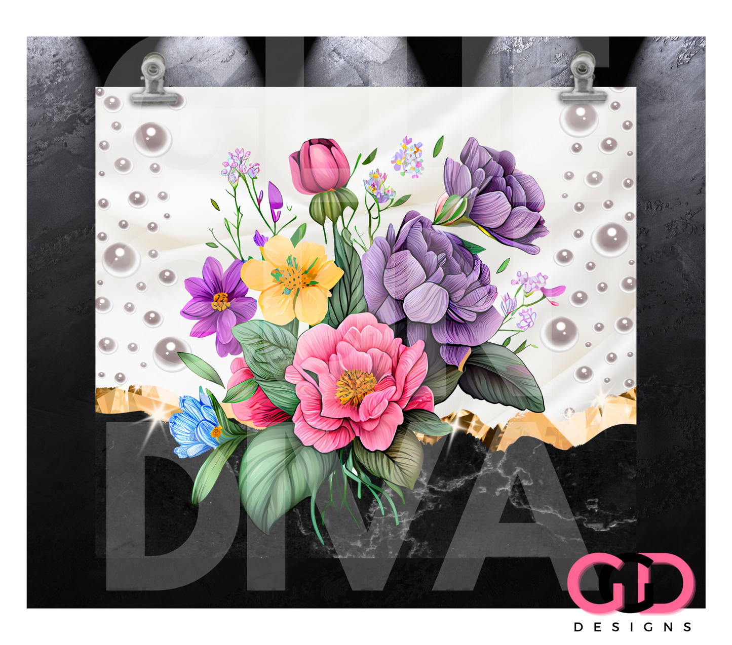 Black Marble Flowers and Pearls- Digital tumbler wrap for 20 oz skinny straight tumbler