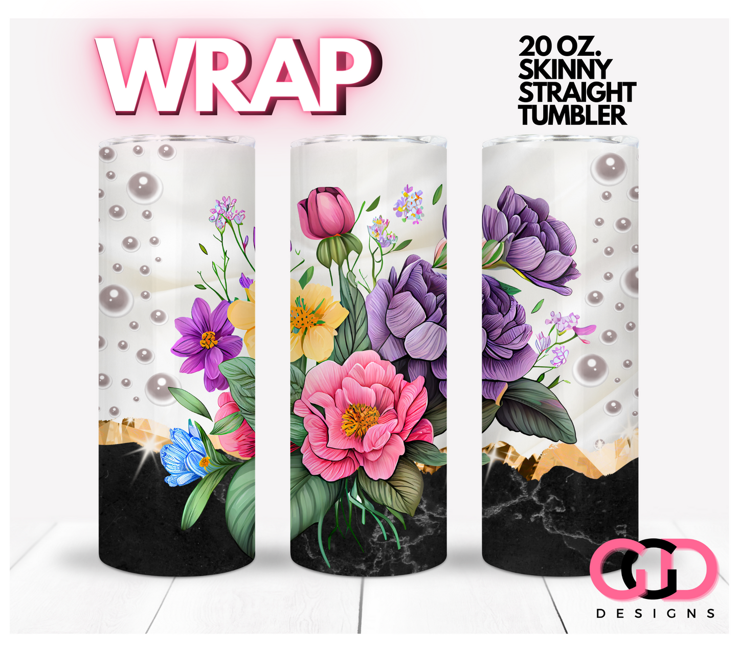 Black Marble Flowers and Pearls- Digital tumbler wrap for 20 oz skinny straight tumbler