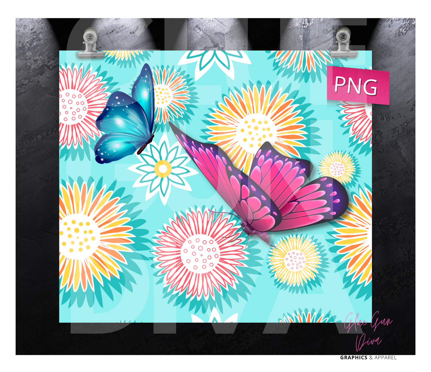 Bright flowers and butterflies - Digital tumbler wrap for 20 oz skinny straight tumbler