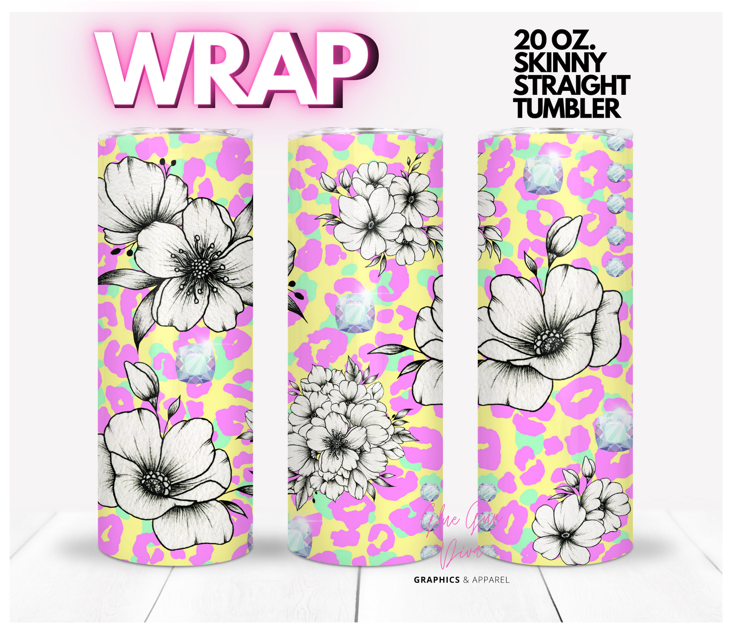 Pastel Leopard Print Black White Flowers- Digital tumbler wrap for 20 oz skinny straight tumbler