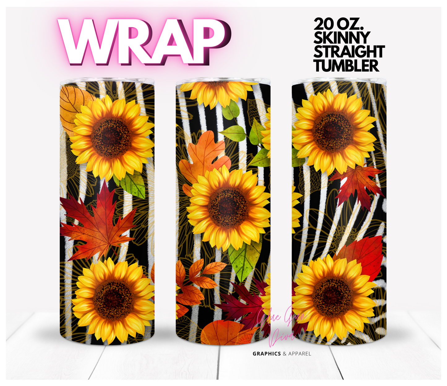 Sunflowers and Zebra Fall - Digital tumbler wrap for 20 oz skinny straight tumbler