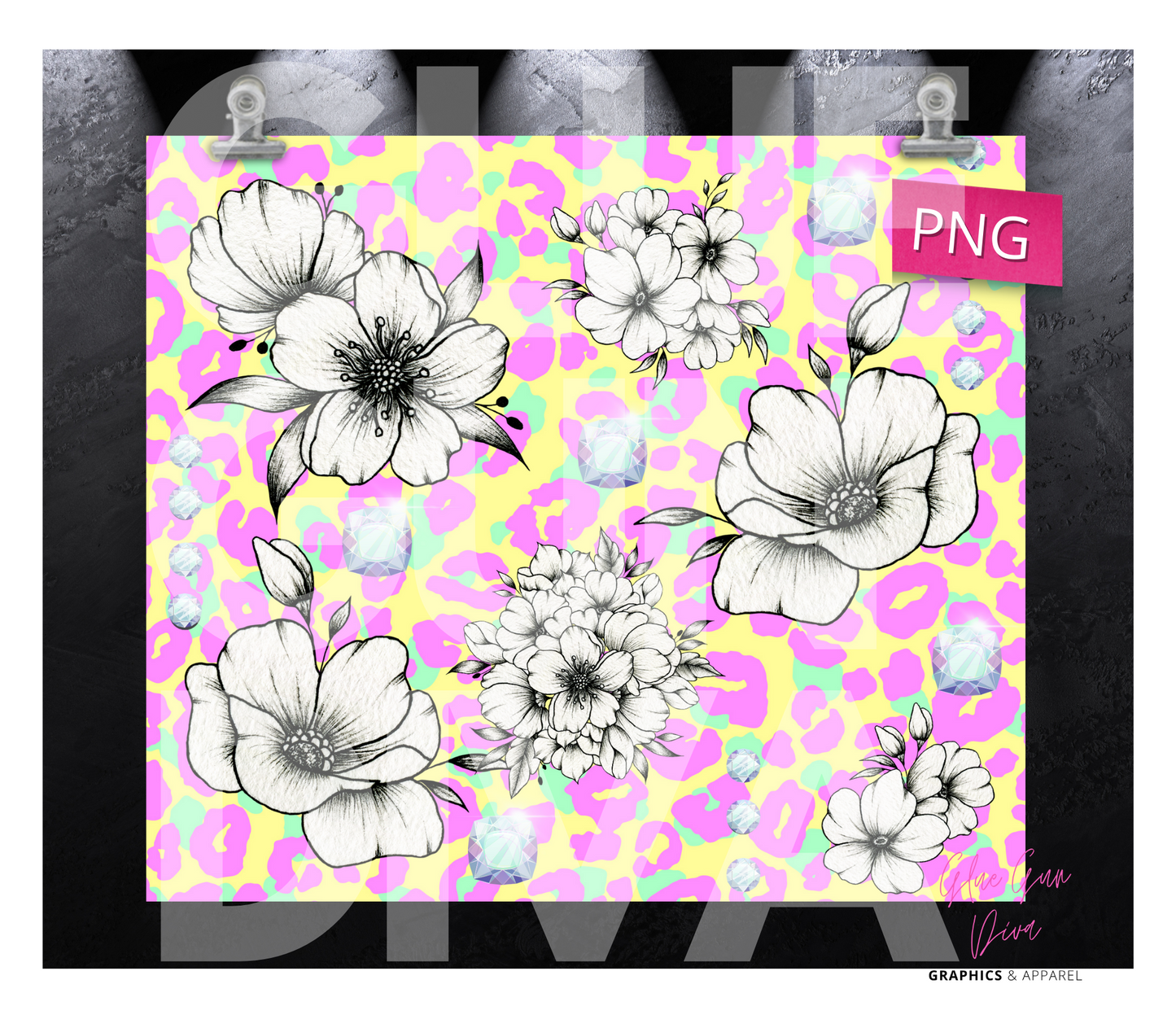 Pastel Leopard Print Black White Flowers- Digital tumbler wrap for 20 oz skinny straight tumbler
