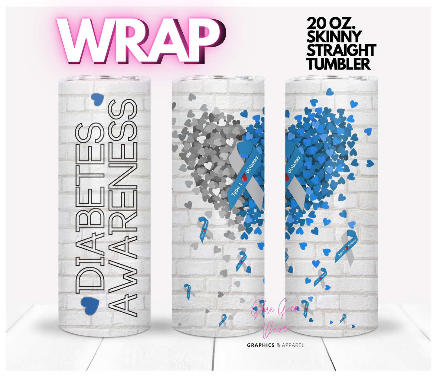 Diabetes Awareness Heart- Digital tumbler wrap for 20 oz skinny straight tumbler
