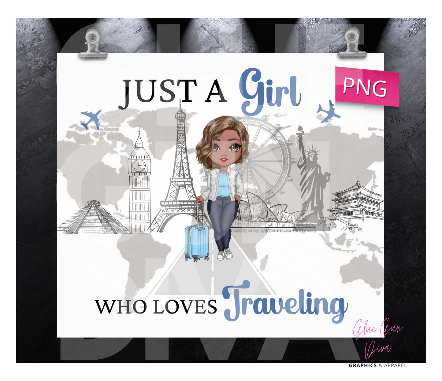 Travel Girl Skin tone 3- Digital tumbler wrap for 20 oz skinny straight tumbler