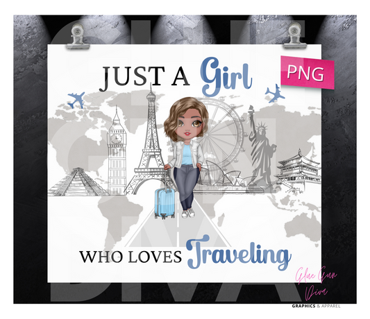 Travel Girl Skin tone 3- Digital tumbler wrap for 20 oz skinny straight tumbler