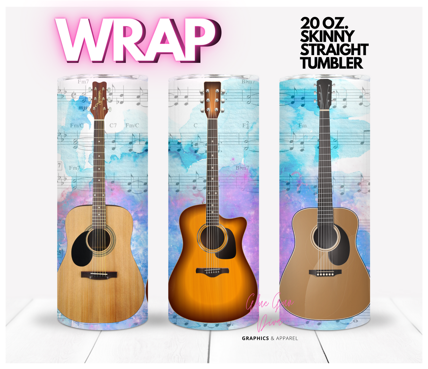 Acoustic Guitars - Digital tumbler wrap for 20 oz skinny straight tumbler