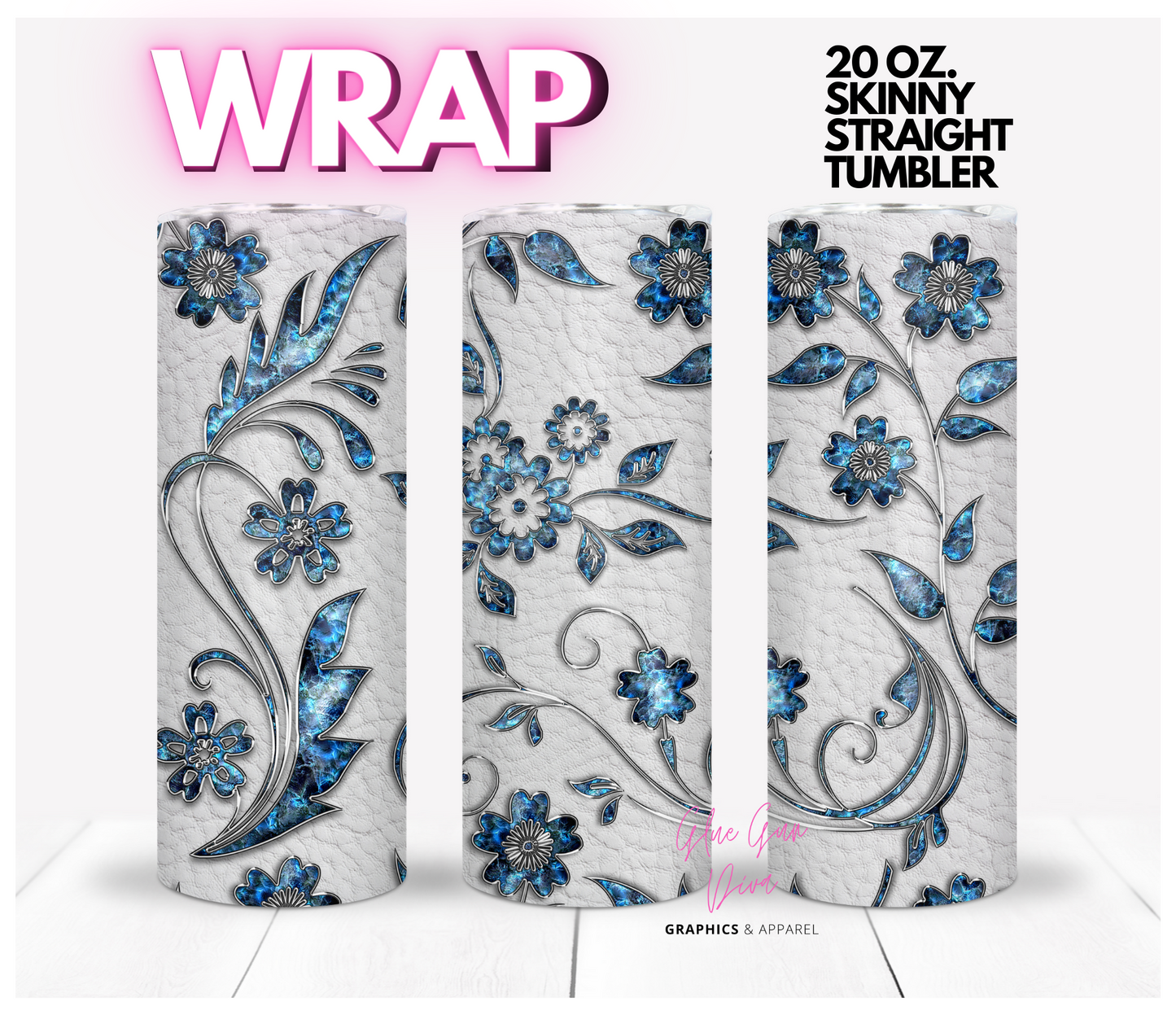Blue Metal Flowers White leather- Digital tumbler wrap for 20 oz skinny straight tumbler