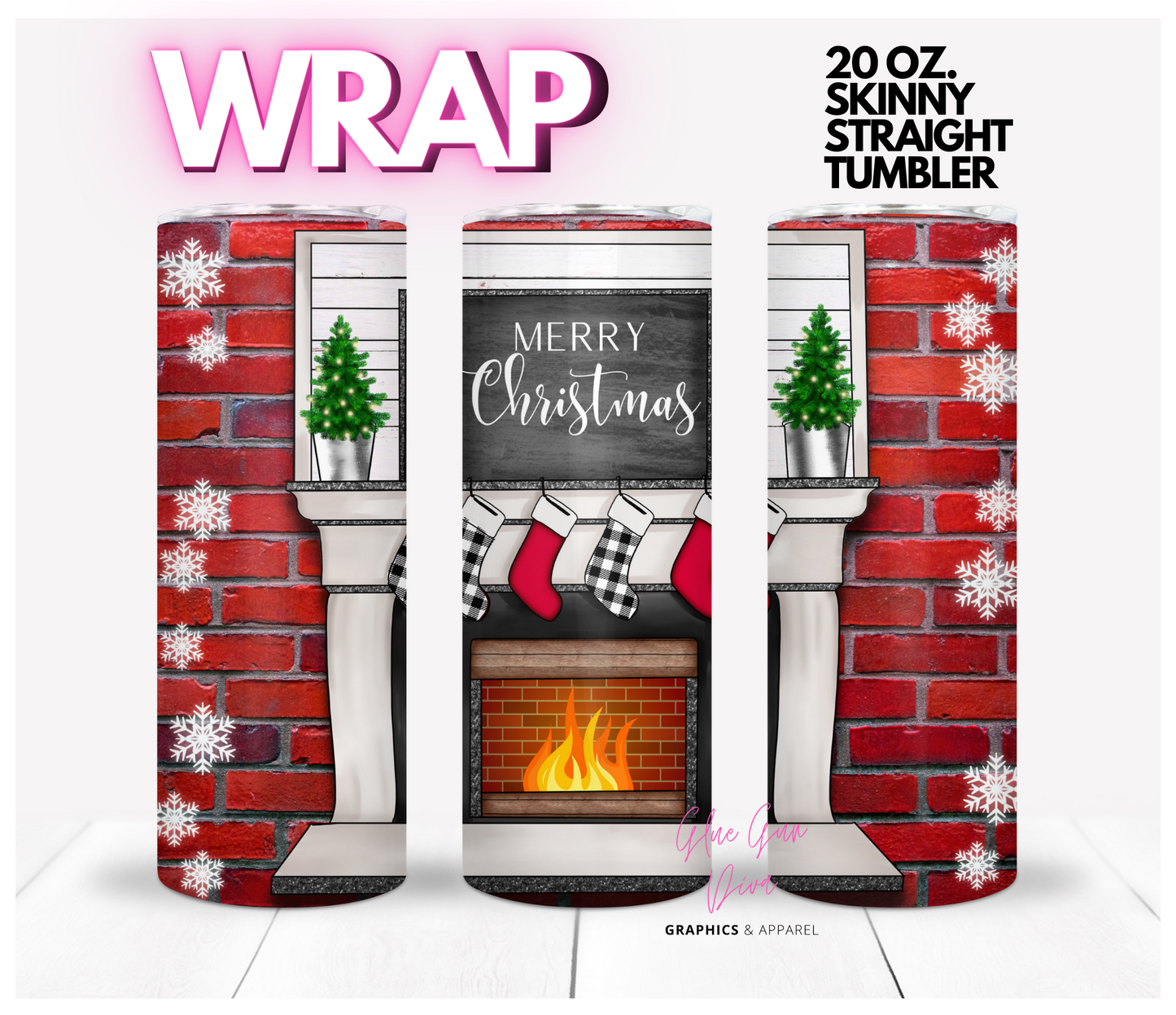 Merry Christmas Fireplace - Digital tumbler wrap for 20 oz skinny straight tumbler