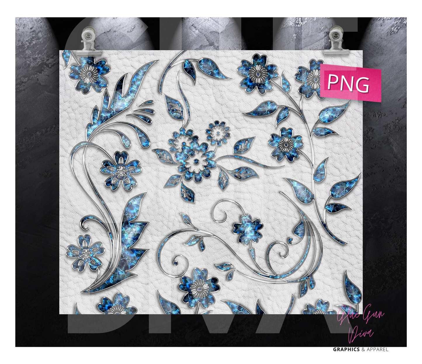 Blue Metal Flowers White leather- Digital tumbler wrap for 20 oz skinny straight tumbler