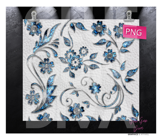 Blue Metal Flowers White leather- Digital tumbler wrap for 20 oz skinny straight tumbler