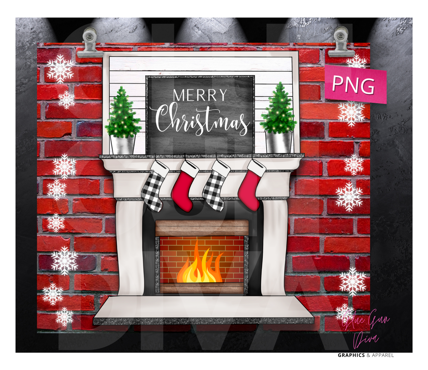 Merry Christmas Fireplace - Digital tumbler wrap for 20 oz skinny straight tumbler