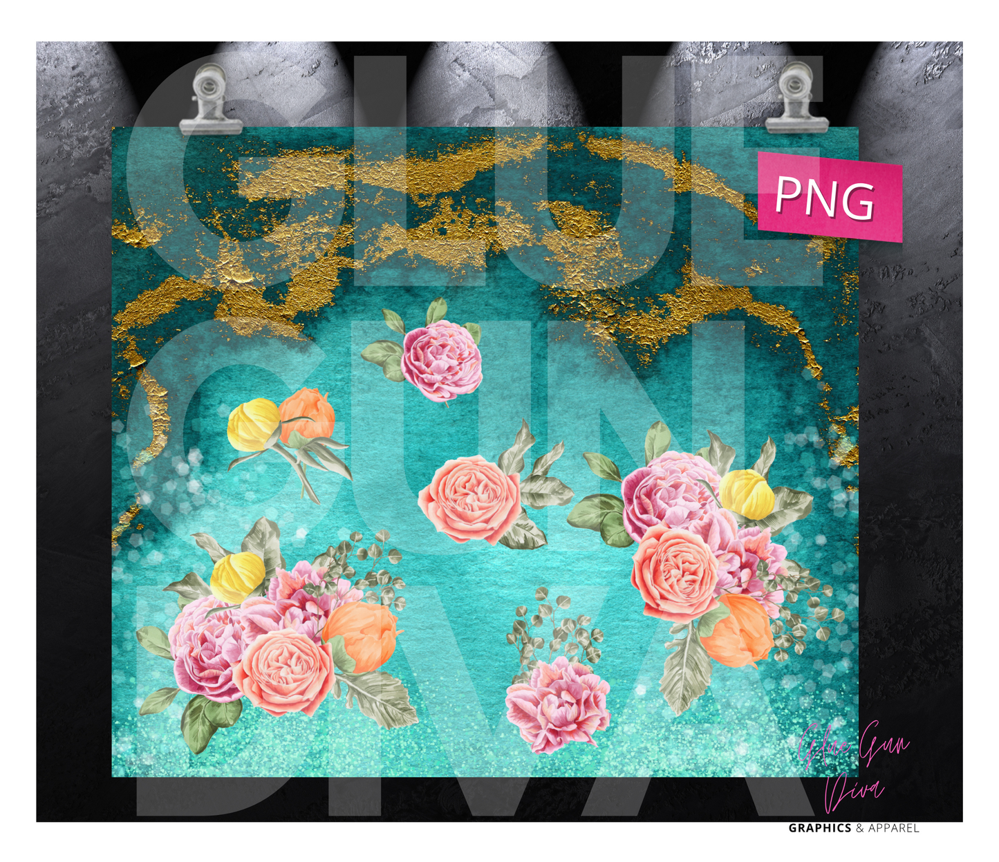 Roses and Teal Gold - Digital tumbler wrap for 20 oz skinny straight tumbler