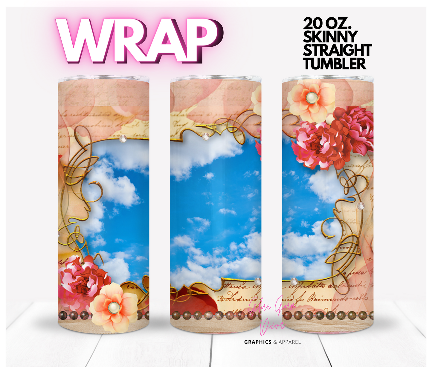 Flowers and Skies -Digital tumbler wrap for 20 oz skinny straight tumbler