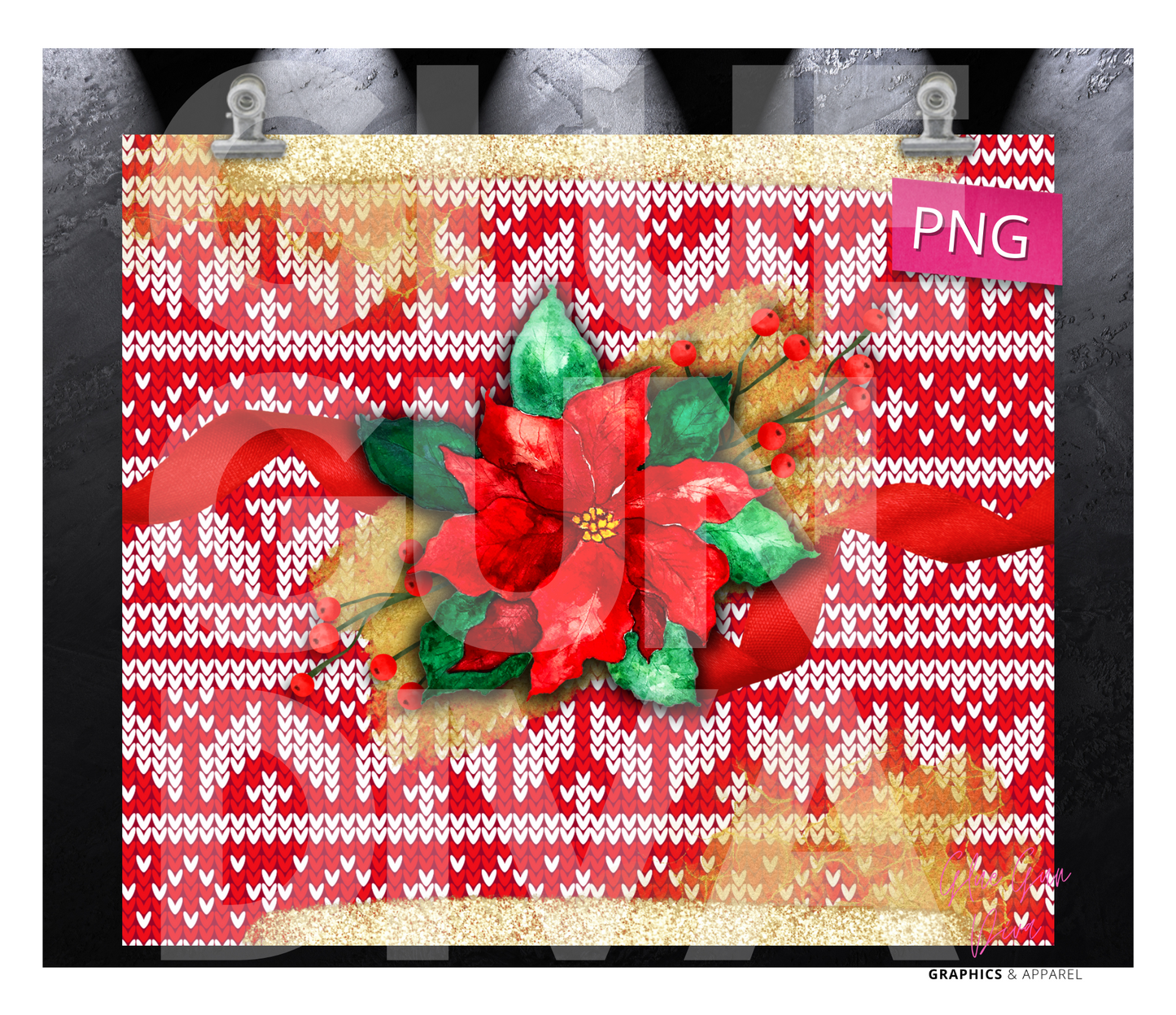 Christmas sweater with poinsettia - Digital tumbler wrap for 20 oz skinny straight tumbler
