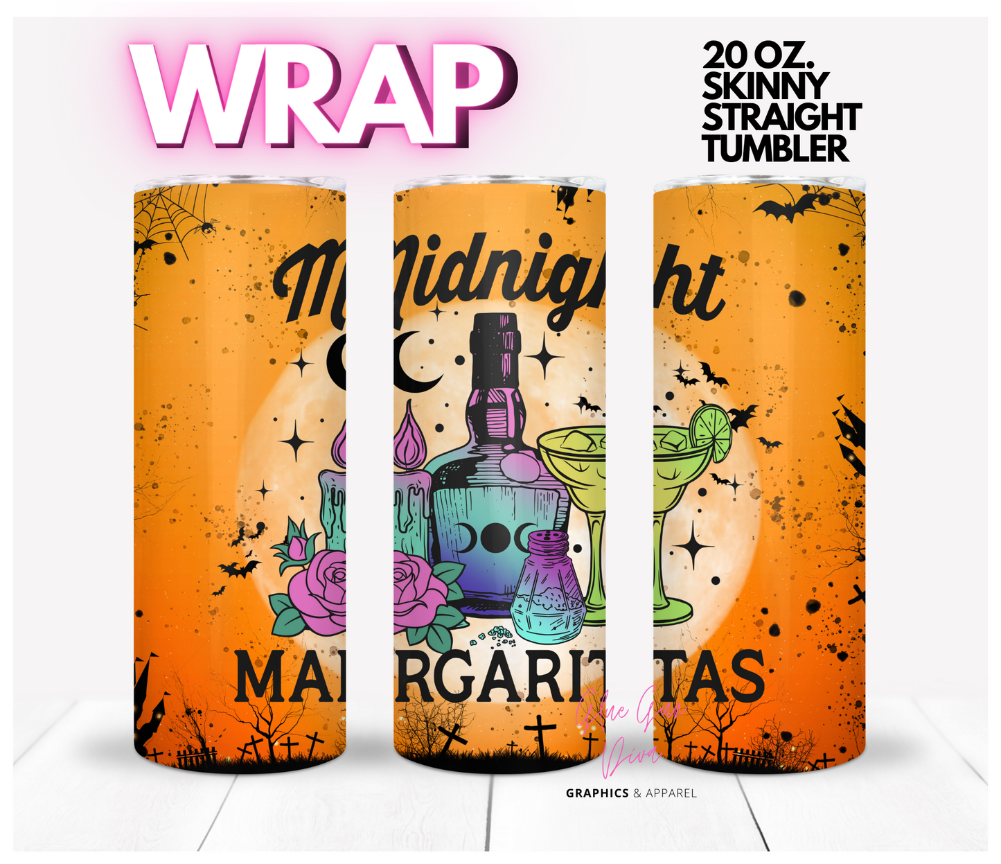 Midnight Margaritas Halloween - Digital tumbler wrap for 20 oz skinny straight tumbler