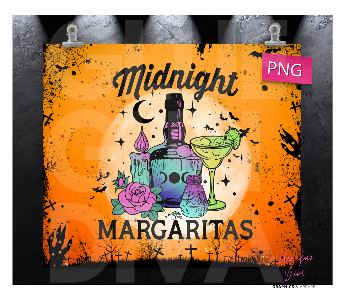 Midnight Margaritas Halloween - Digital tumbler wrap for 20 oz skinny straight tumbler