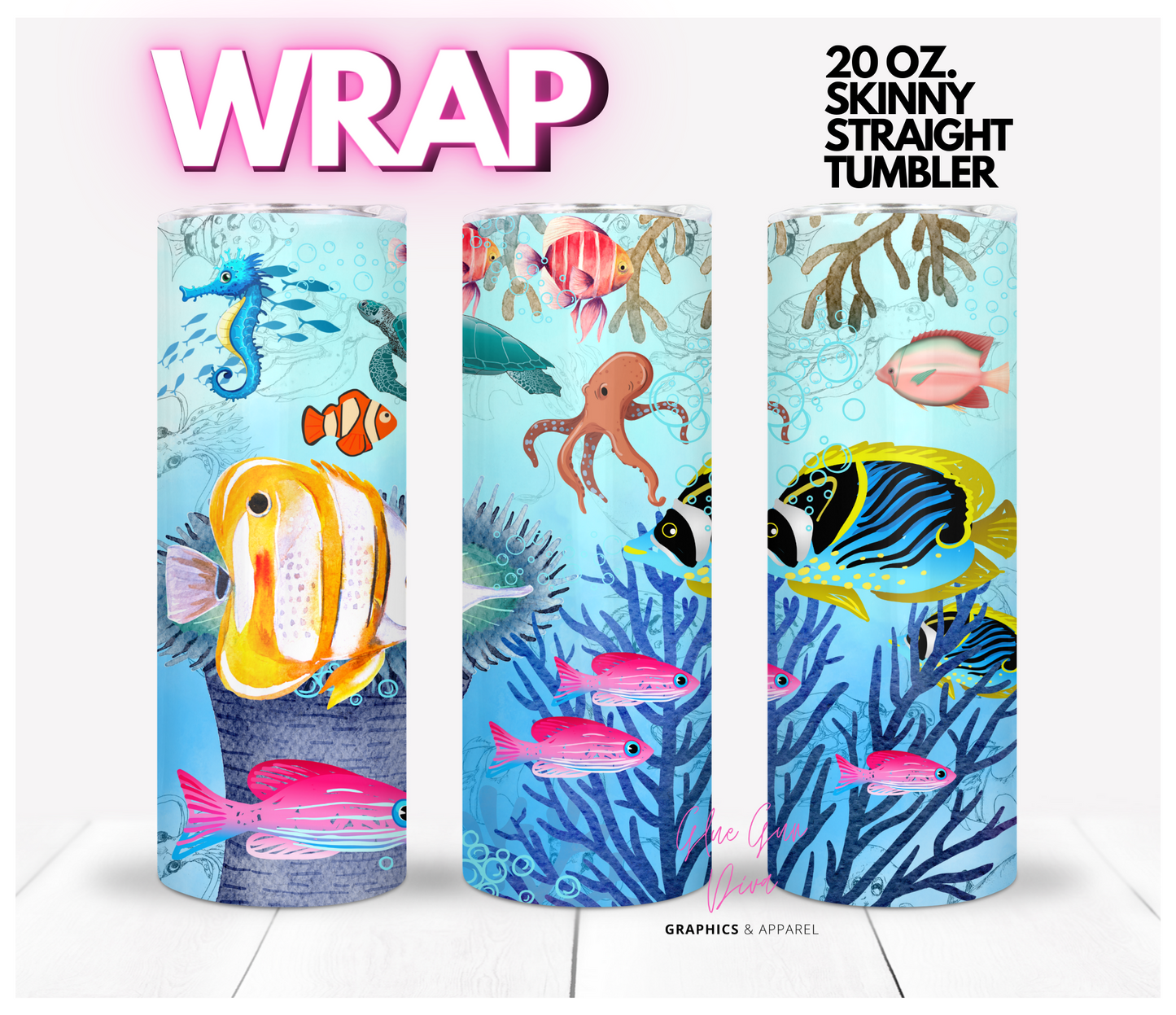 Sea Creatures- Digital tumbler wrap for 20 oz skinny straight tumbler