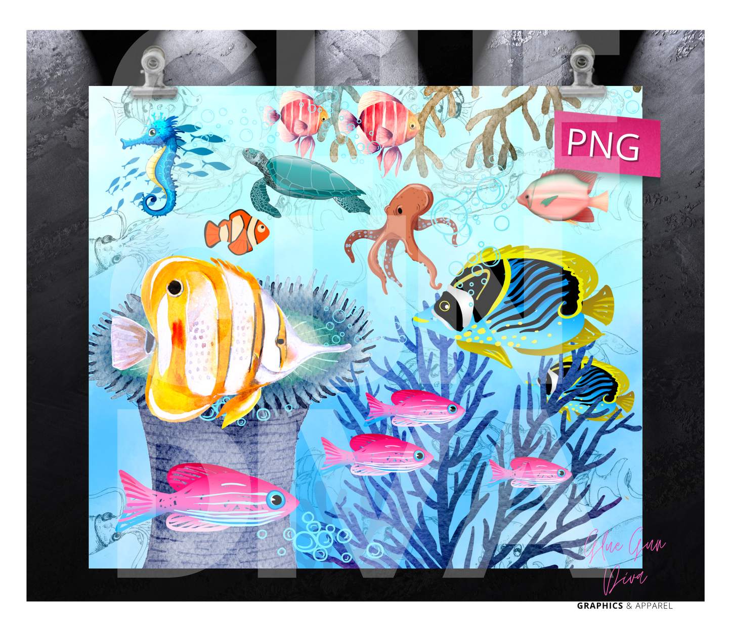 Sea Creatures- Digital tumbler wrap for 20 oz skinny straight tumbler