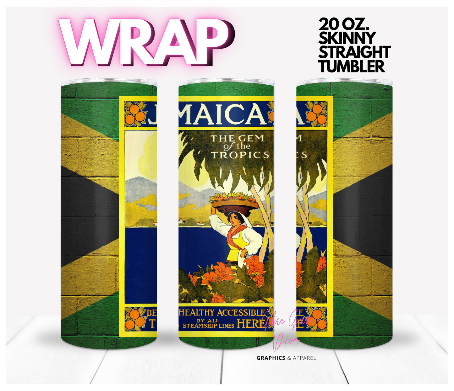 Jamaica- Digital tumbler wrap for 20 oz skinny straight tumbler