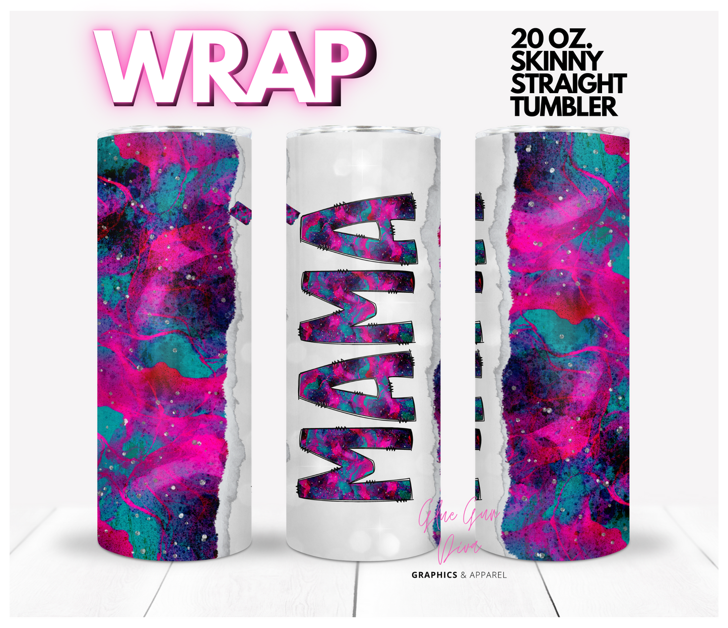 Spanish Accent Mama Fuchsia and teal abstract- Digital tumbler wrap for 20 oz skinny straight tumbler