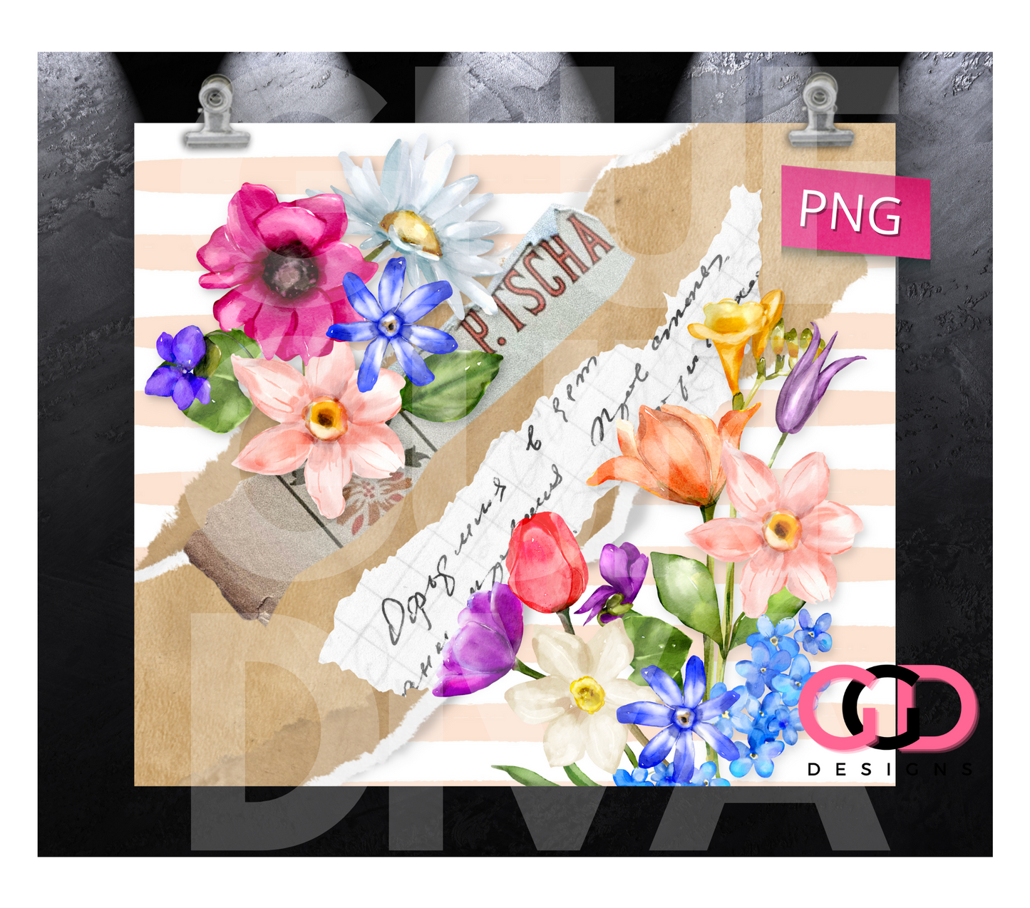Spring Flowers Torn Pages- Digital tumbler wrap for 20 oz skinny straight tumbler