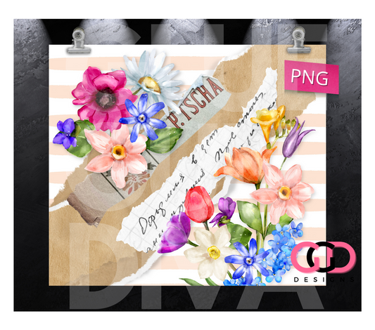 Spring Flowers Torn Pages- Digital tumbler wrap for 20 oz skinny straight tumbler