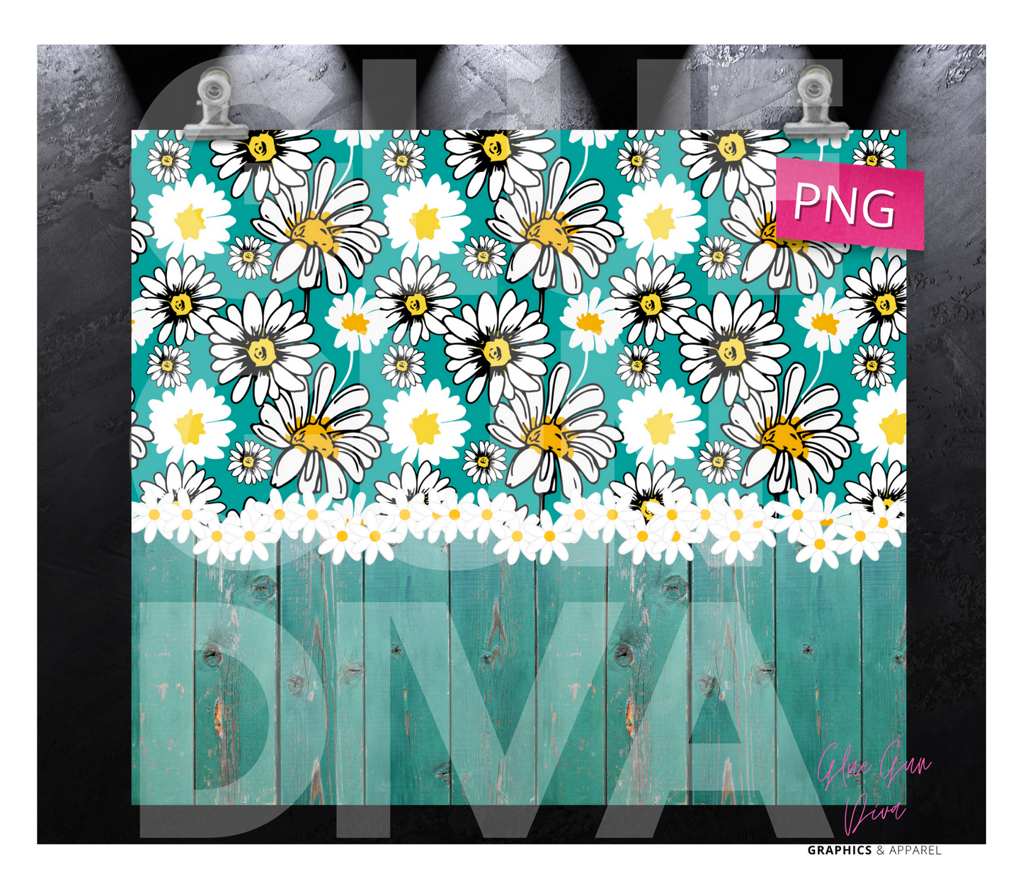 Daisies and teal wood - Digital tumbler wrap for 20 oz skinny straight tumbler