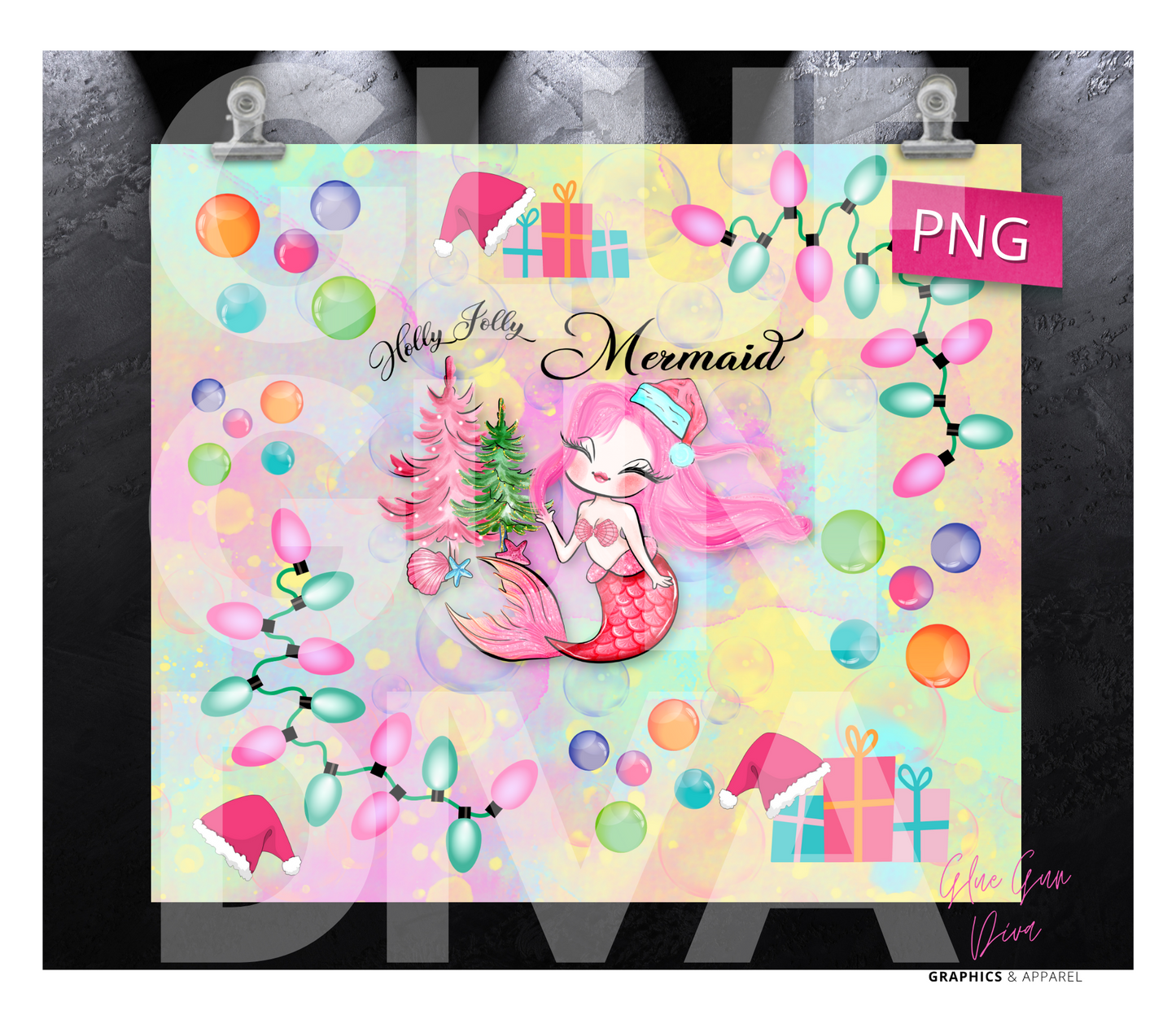 Holly Jolly Mermaid- Digital tumbler wrap for 20 oz skinny straight tumbler