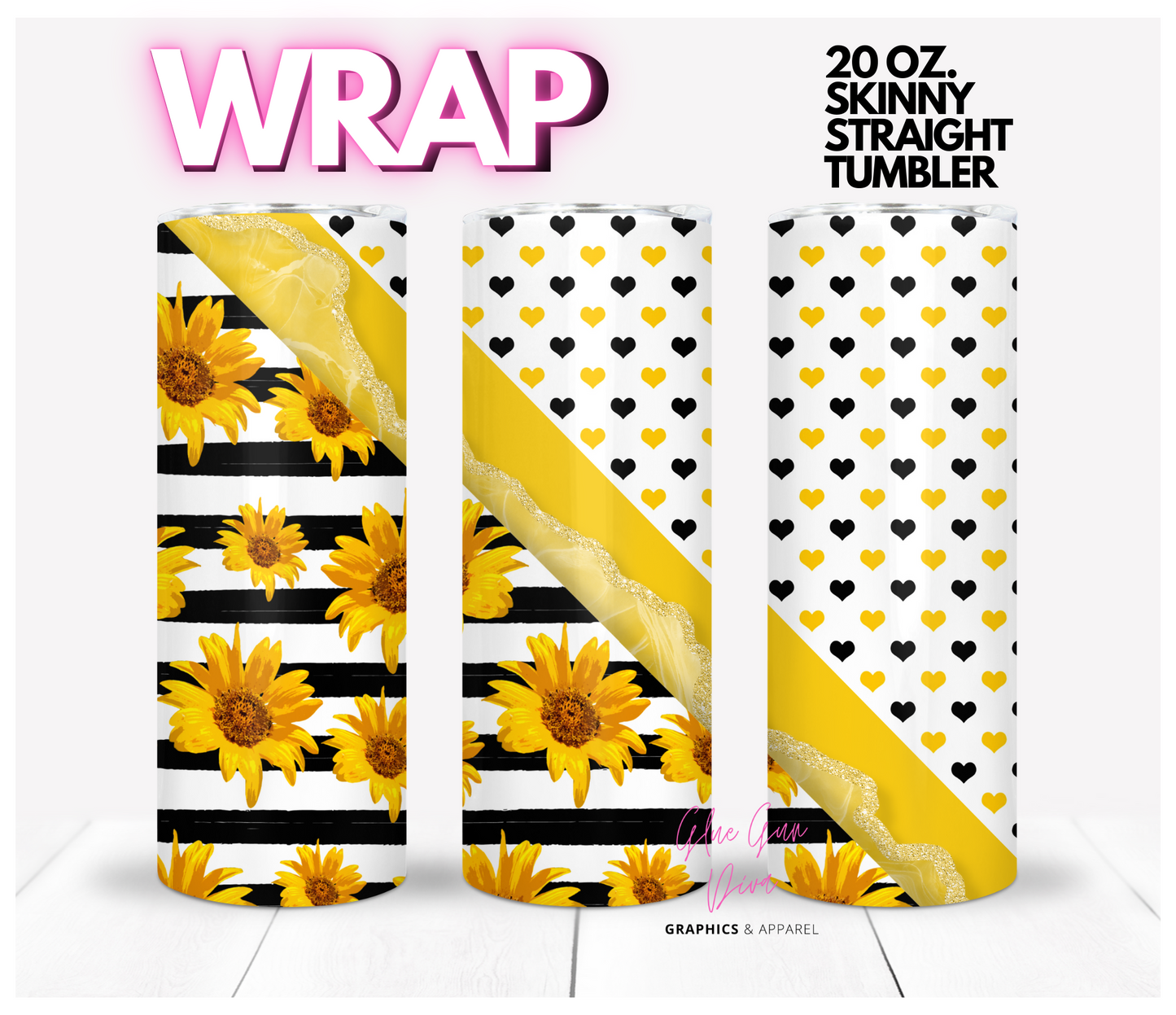 Sunflowers and Hearts - Digital tumbler wrap for 20 oz skinny straight tumbler
